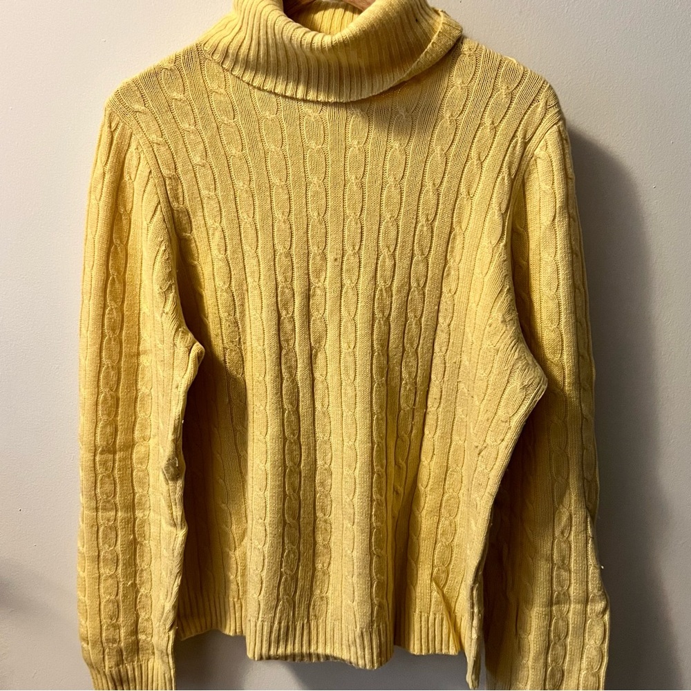 Pale yellow JCrew cable knit turtleneck sweater